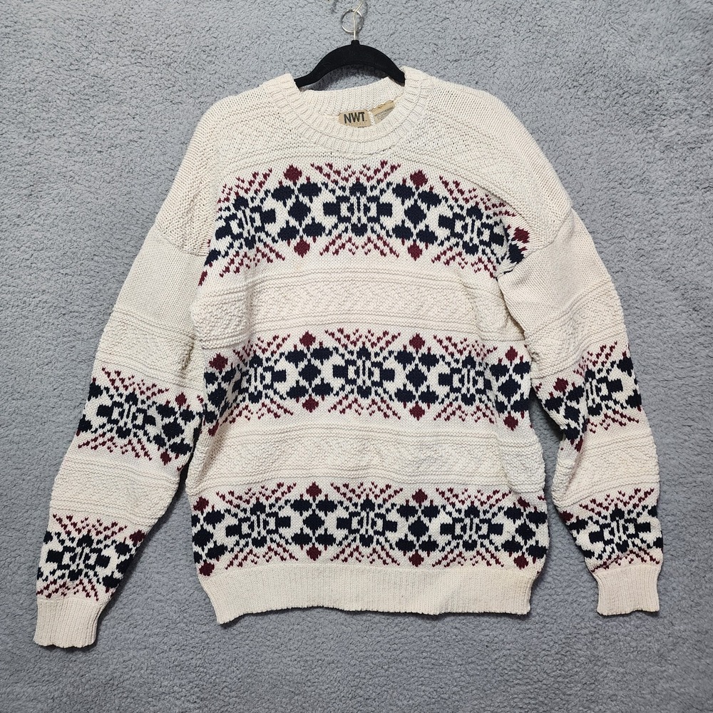 Vintage Northwest Territory Sweater Adult Medium Chunky Knit Beige Blue Y2K